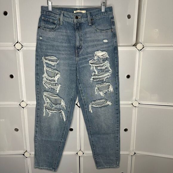 Levi's High Waisted Mom Jeans Deconstructed Indigo Tapered Distressed Size 30 - Picture 3 of 11